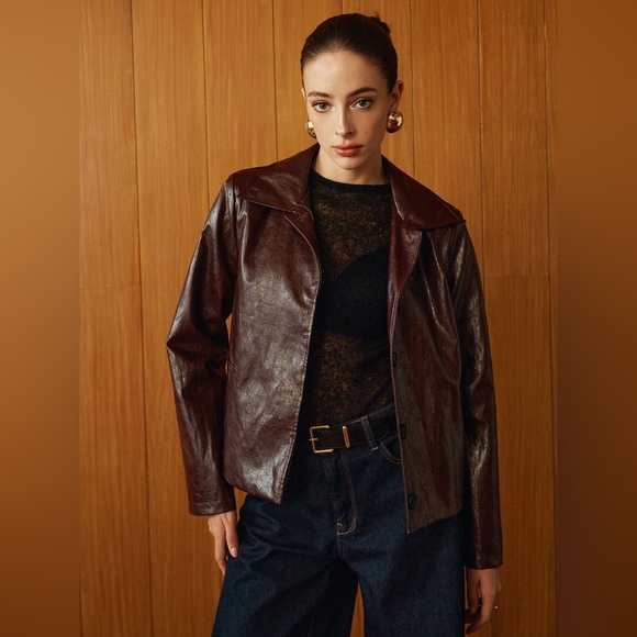 Commense Faux Leather Zipper Short Polo Jacket - Picture 3 of 15